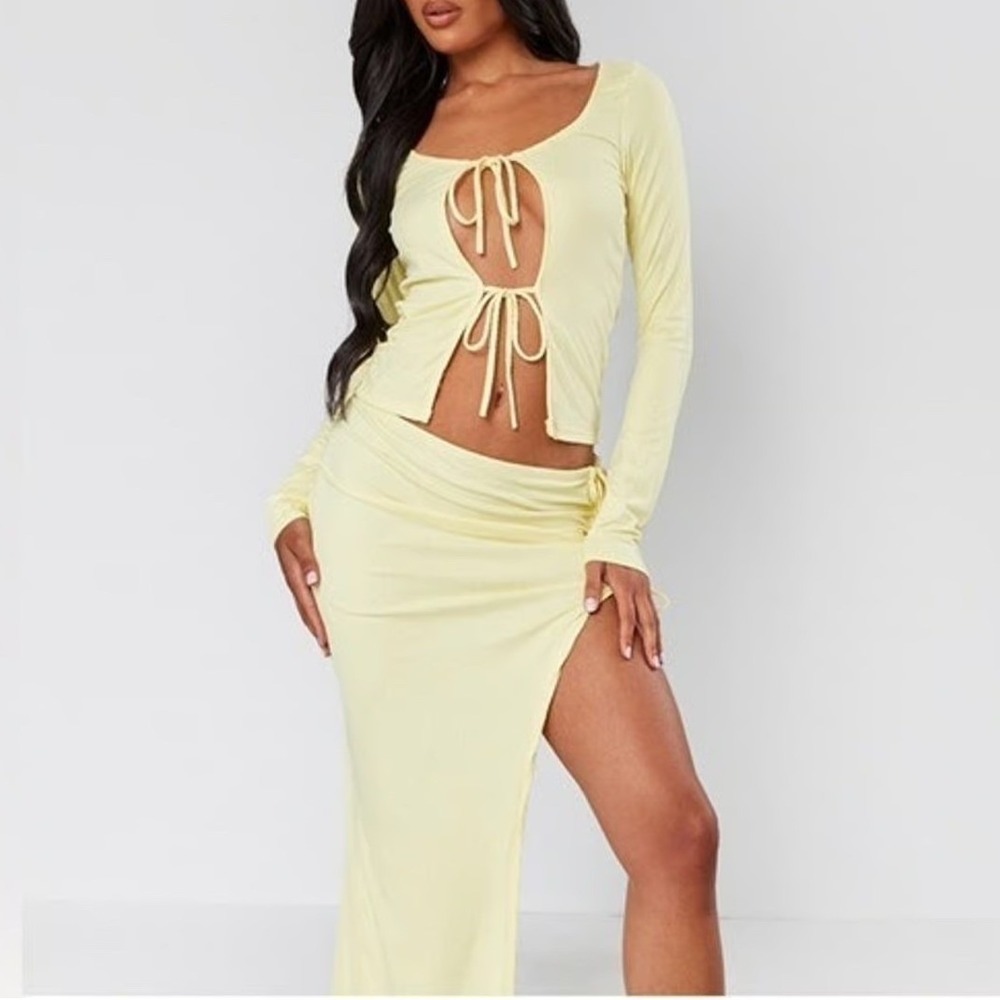 PrettyLittleThing Plus Yellow Ribbed Tie Front Crop Top & Skirt‎ Set US 16 NWT